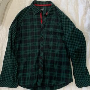 Green Multi-plaid with red trim button up shirt